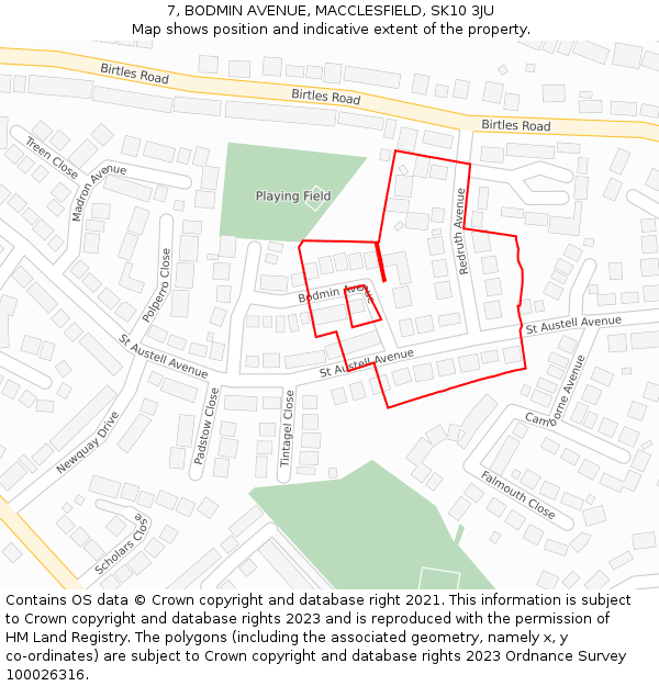 7, BODMIN AVENUE, MACCLESFIELD, SK10 3JU: Location map and indicative extent of plot