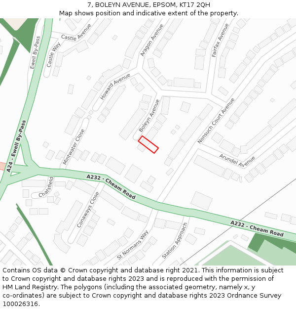 7, BOLEYN AVENUE, EPSOM, KT17 2QH: Location map and indicative extent of plot