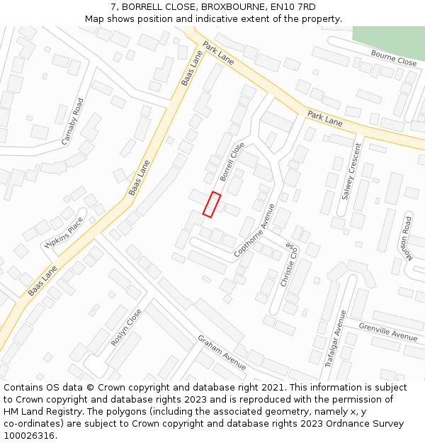 7, BORRELL CLOSE, BROXBOURNE, EN10 7RD: Location map and indicative extent of plot