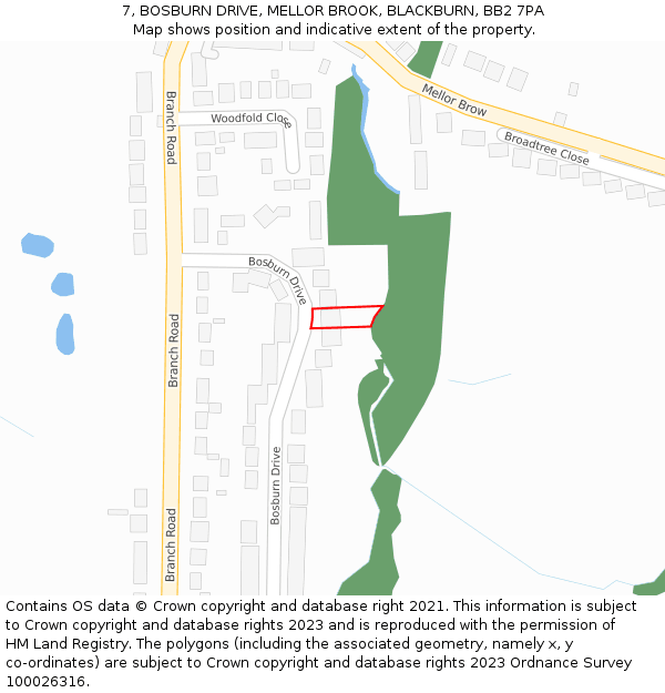 7, BOSBURN DRIVE, MELLOR BROOK, BLACKBURN, BB2 7PA: Location map and indicative extent of plot