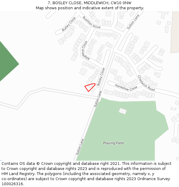 7, BOSLEY CLOSE, MIDDLEWICH, CW10 0NW: Location map and indicative extent of plot