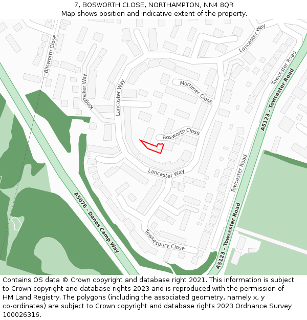7, BOSWORTH CLOSE, NORTHAMPTON, NN4 8QR: Location map and indicative extent of plot
