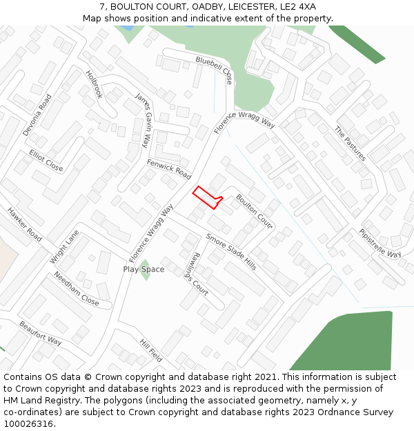 7, BOULTON COURT, OADBY, LEICESTER, LE2 4XA: Location map and indicative extent of plot