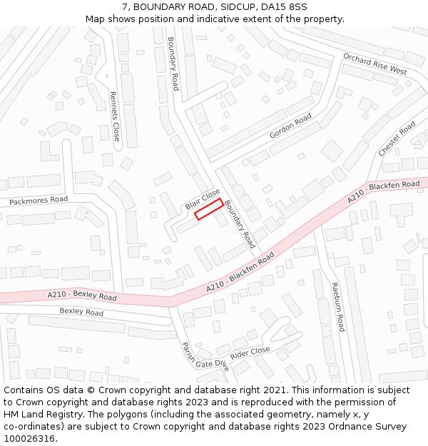 7, BOUNDARY ROAD, SIDCUP, DA15 8SS: Location map and indicative extent of plot