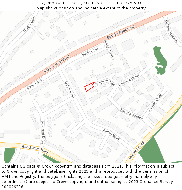 7, BRADWELL CROFT, SUTTON COLDFIELD, B75 5TQ: Location map and indicative extent of plot