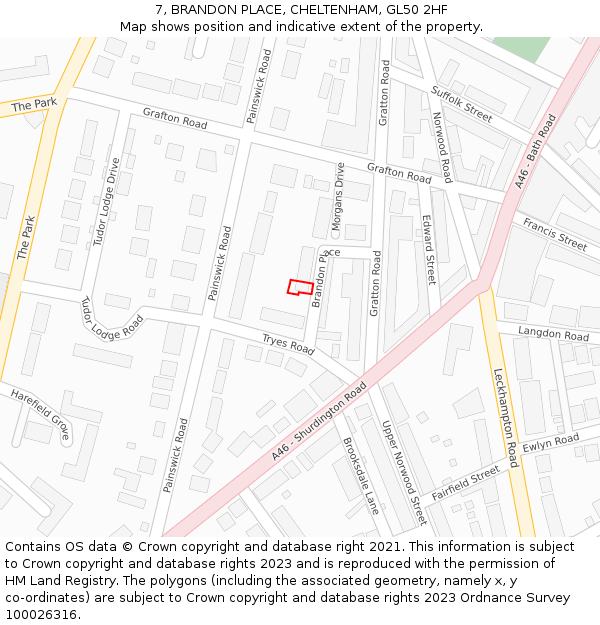 7, BRANDON PLACE, CHELTENHAM, GL50 2HF: Location map and indicative extent of plot