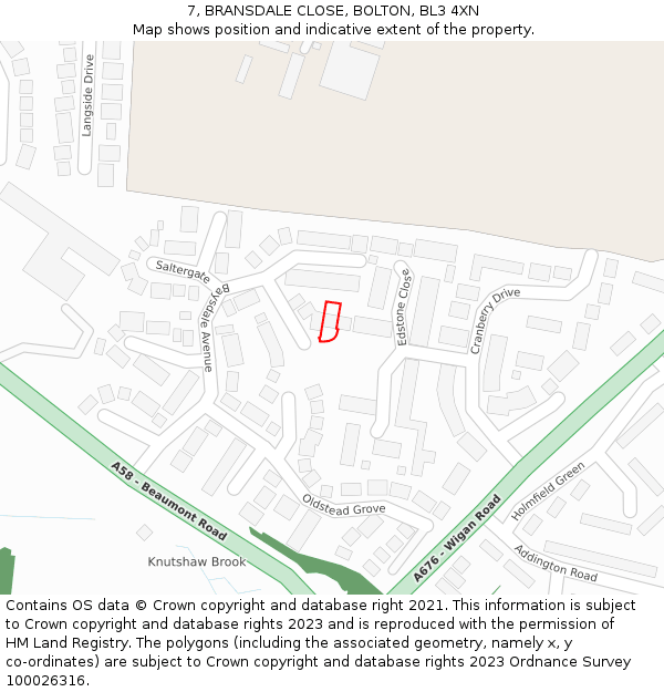 7, BRANSDALE CLOSE, BOLTON, BL3 4XN: Location map and indicative extent of plot