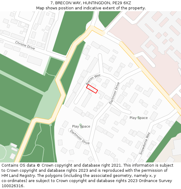 7, BRECON WAY, HUNTINGDON, PE29 6XZ: Location map and indicative extent of plot