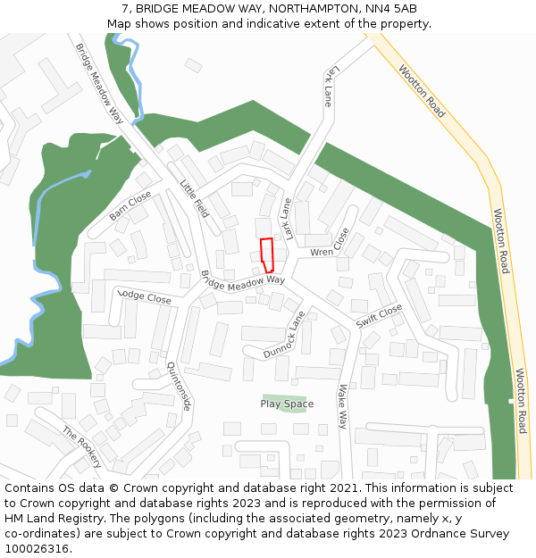 7, BRIDGE MEADOW WAY, NORTHAMPTON, NN4 5AB: Location map and indicative extent of plot