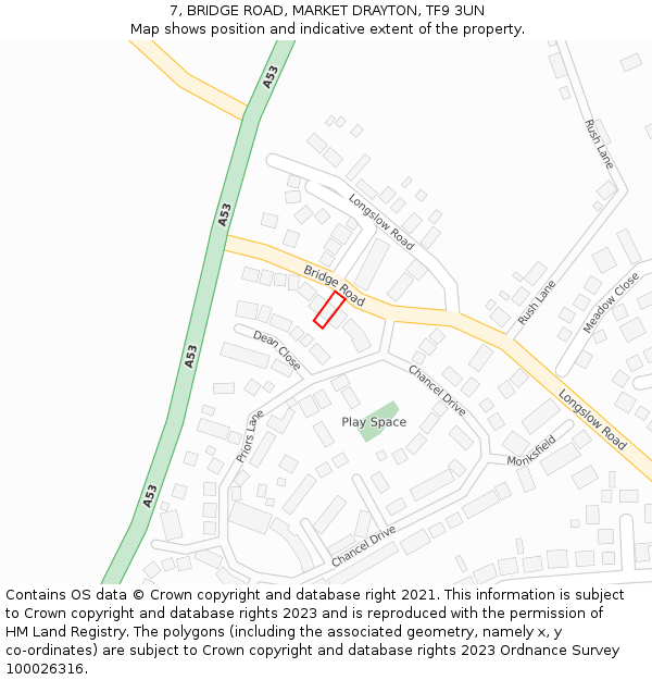 7, BRIDGE ROAD, MARKET DRAYTON, TF9 3UN: Location map and indicative extent of plot