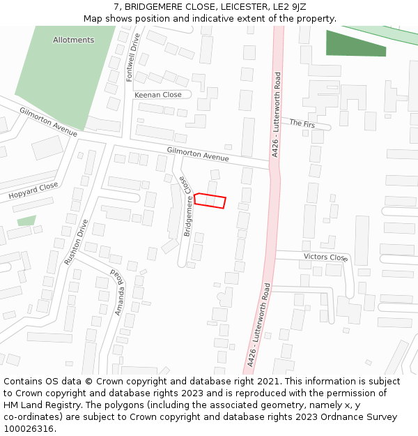 7, BRIDGEMERE CLOSE, LEICESTER, LE2 9JZ: Location map and indicative extent of plot