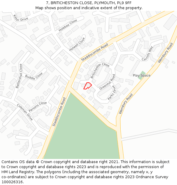 7, BRITICHESTON CLOSE, PLYMOUTH, PL9 9FF: Location map and indicative extent of plot