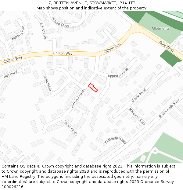 7, BRITTEN AVENUE, STOWMARKET, IP14 1TB: Location map and indicative extent of plot
