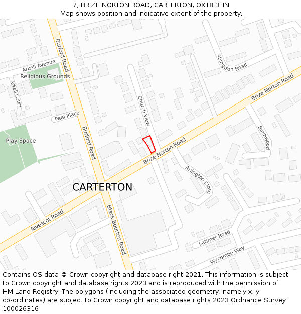 7, BRIZE NORTON ROAD, CARTERTON, OX18 3HN: Location map and indicative extent of plot