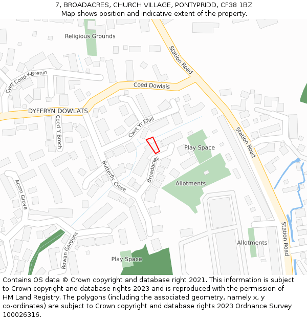 7, BROADACRES, CHURCH VILLAGE, PONTYPRIDD, CF38 1BZ: Location map and indicative extent of plot