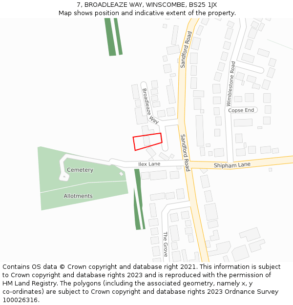 7, BROADLEAZE WAY, WINSCOMBE, BS25 1JX: Location map and indicative extent of plot