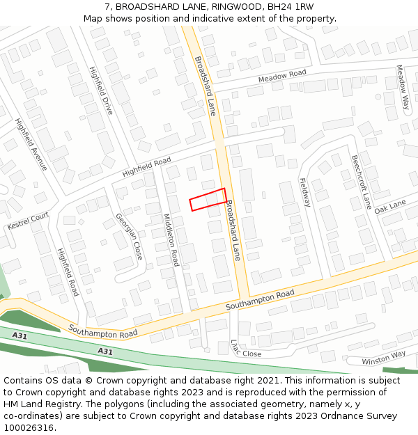 7, BROADSHARD LANE, RINGWOOD, BH24 1RW: Location map and indicative extent of plot