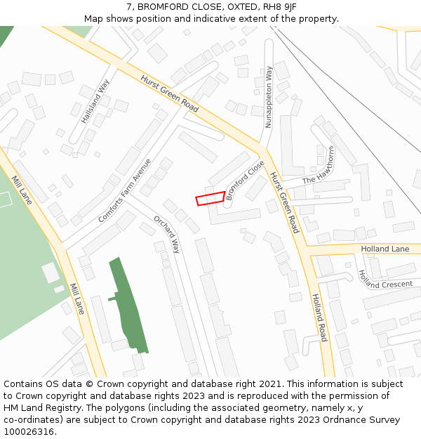 7, BROMFORD CLOSE, OXTED, RH8 9JF: Location map and indicative extent of plot