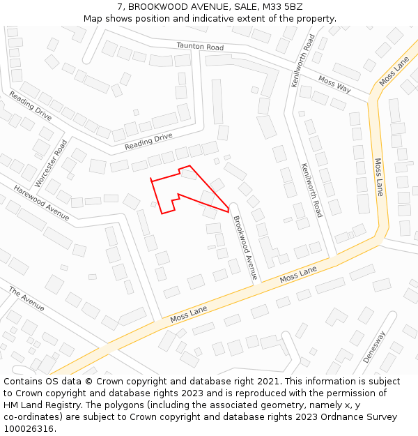 7, BROOKWOOD AVENUE, SALE, M33 5BZ: Location map and indicative extent of plot