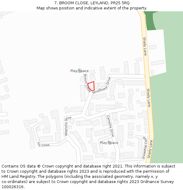 7, BROOM CLOSE, LEYLAND, PR25 5RQ: Location map and indicative extent of plot