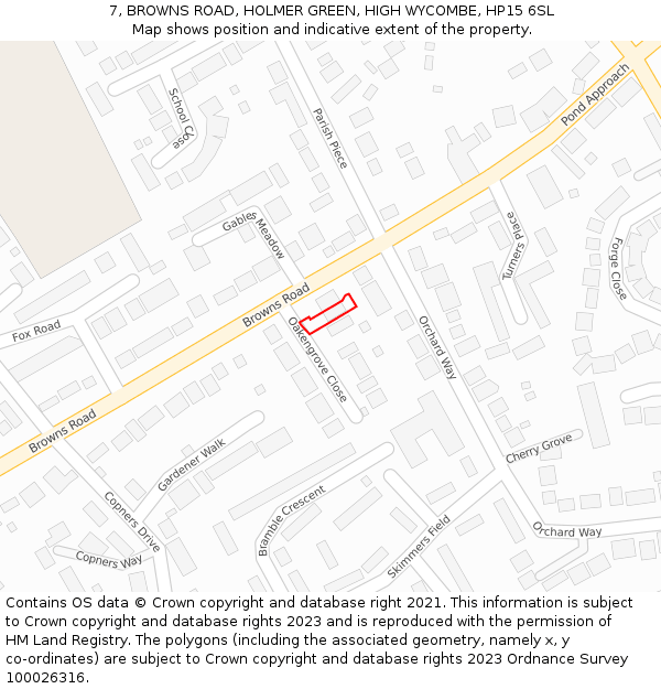 7, BROWNS ROAD, HOLMER GREEN, HIGH WYCOMBE, HP15 6SL: Location map and indicative extent of plot