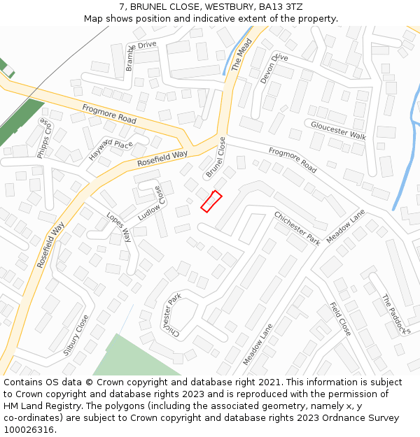 7, BRUNEL CLOSE, WESTBURY, BA13 3TZ: Location map and indicative extent of plot