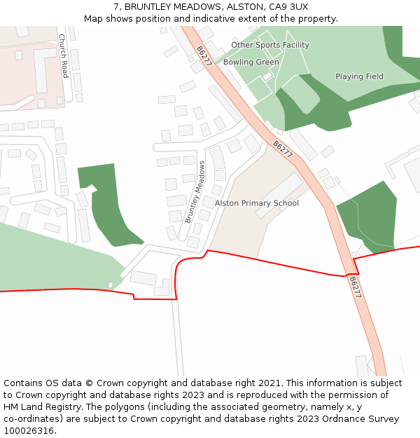 7, BRUNTLEY MEADOWS, ALSTON, CA9 3UX: Location map and indicative extent of plot