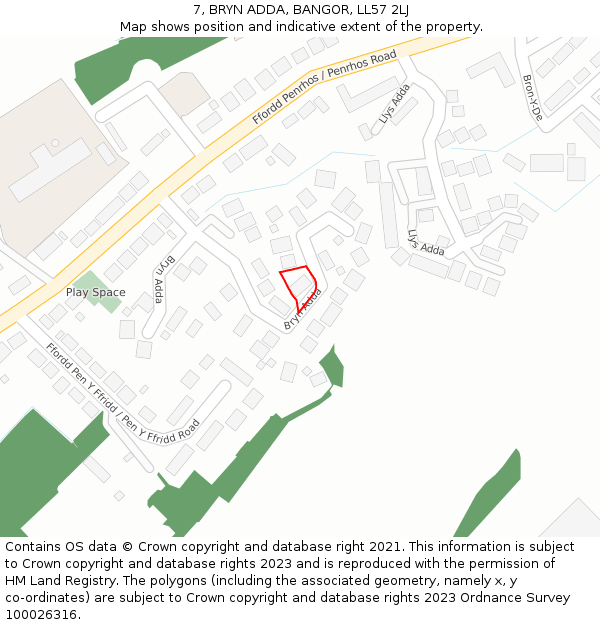7, BRYN ADDA, BANGOR, LL57 2LJ: Location map and indicative extent of plot