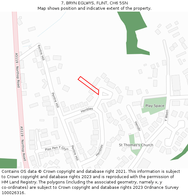7, BRYN EGLWYS, FLINT, CH6 5SN: Location map and indicative extent of plot