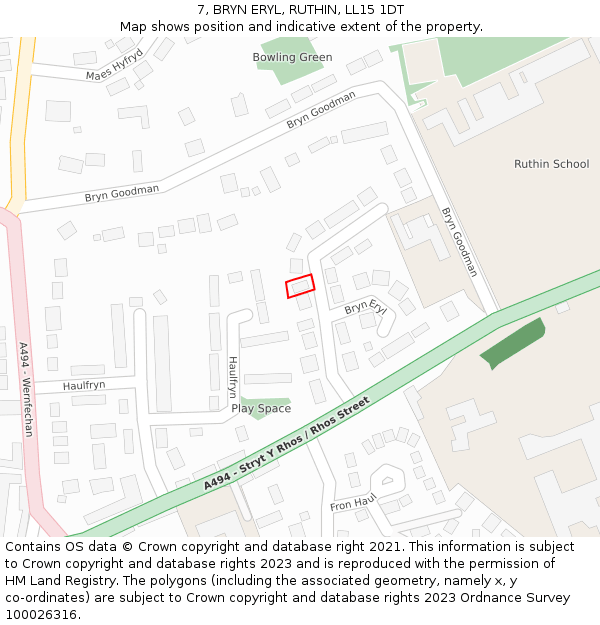 7, BRYN ERYL, RUTHIN, LL15 1DT: Location map and indicative extent of plot