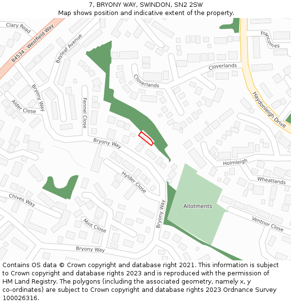 7, BRYONY WAY, SWINDON, SN2 2SW: Location map and indicative extent of plot