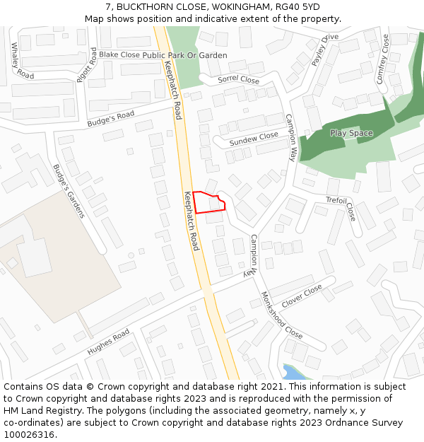 7, BUCKTHORN CLOSE, WOKINGHAM, RG40 5YD: Location map and indicative extent of plot