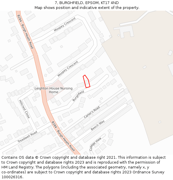 7, BURGHFIELD, EPSOM, KT17 4ND: Location map and indicative extent of plot