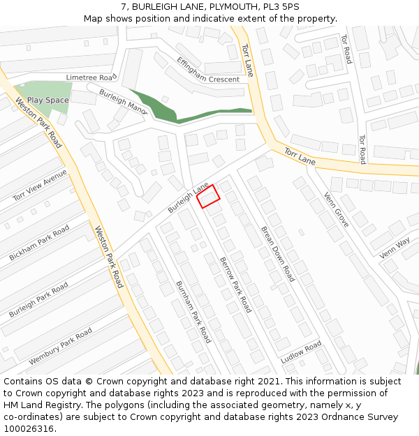 7, BURLEIGH LANE, PLYMOUTH, PL3 5PS: Location map and indicative extent of plot