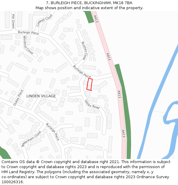 7, BURLEIGH PIECE, BUCKINGHAM, MK18 7BA: Location map and indicative extent of plot