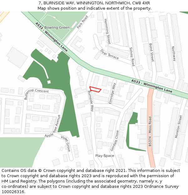 7, BURNSIDE WAY, WINNINGTON, NORTHWICH, CW8 4XR: Location map and indicative extent of plot