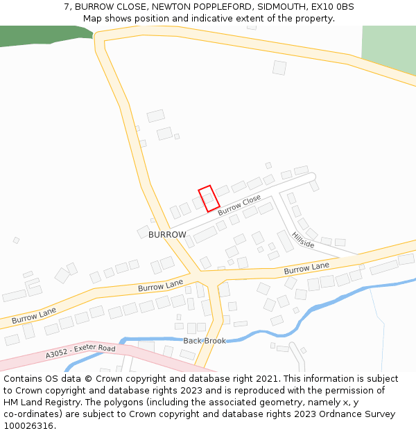 7, BURROW CLOSE, NEWTON POPPLEFORD, SIDMOUTH, EX10 0BS: Location map and indicative extent of plot