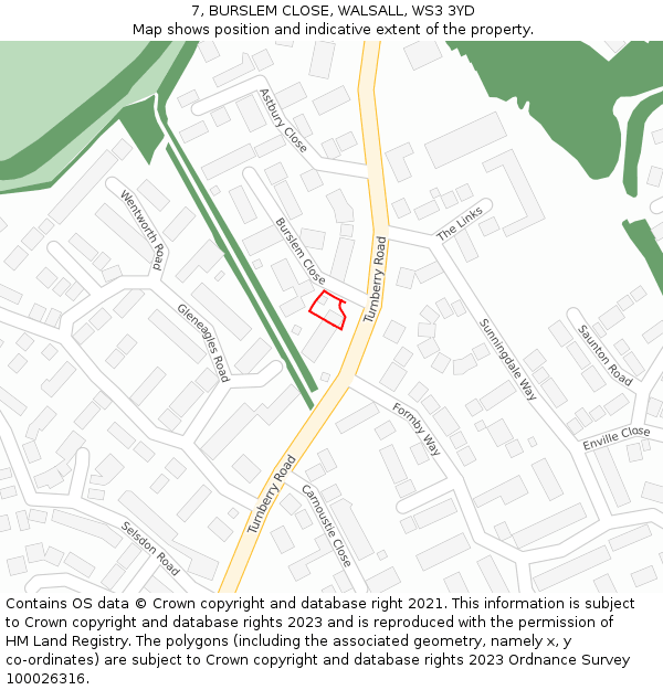 7, BURSLEM CLOSE, WALSALL, WS3 3YD: Location map and indicative extent of plot