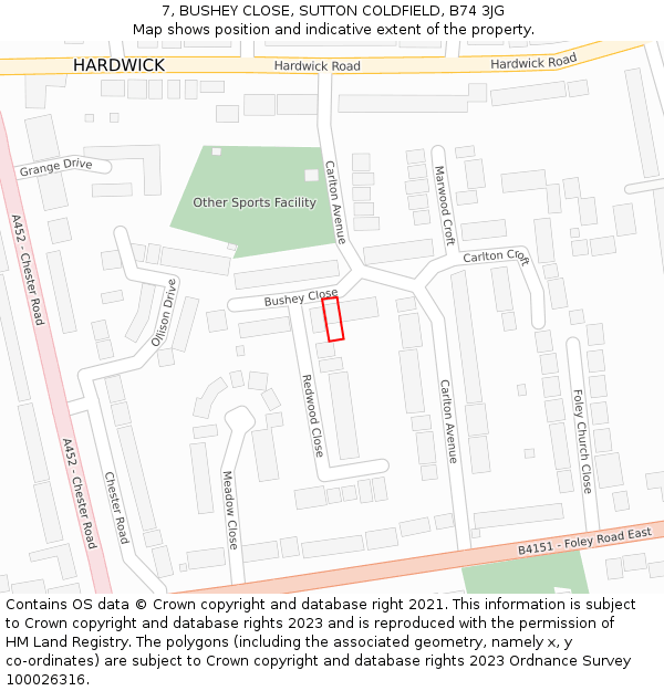 7, BUSHEY CLOSE, SUTTON COLDFIELD, B74 3JG: Location map and indicative extent of plot