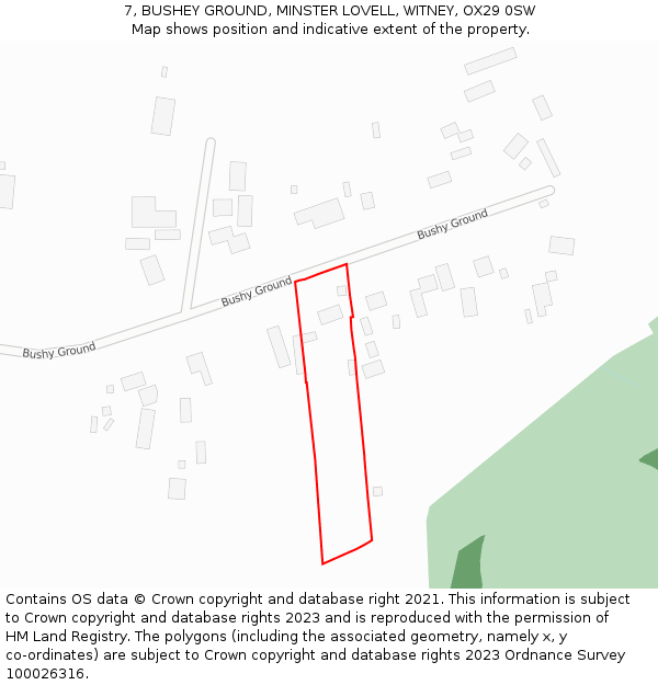 7, BUSHEY GROUND, MINSTER LOVELL, WITNEY, OX29 0SW: Location map and indicative extent of plot
