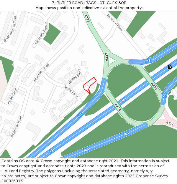 7, BUTLER ROAD, BAGSHOT, GU19 5QF: Location map and indicative extent of plot