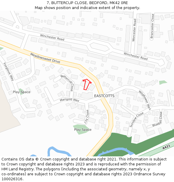 7, BUTTERCUP CLOSE, BEDFORD, MK42 0RE: Location map and indicative extent of plot