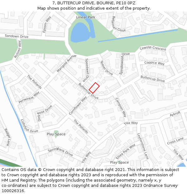 7, BUTTERCUP DRIVE, BOURNE, PE10 0PZ: Location map and indicative extent of plot