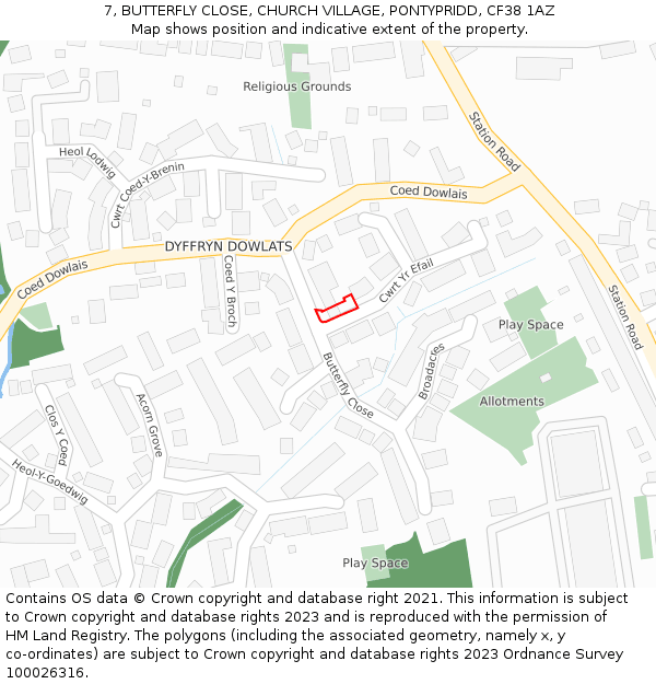 7, BUTTERFLY CLOSE, CHURCH VILLAGE, PONTYPRIDD, CF38 1AZ: Location map and indicative extent of plot