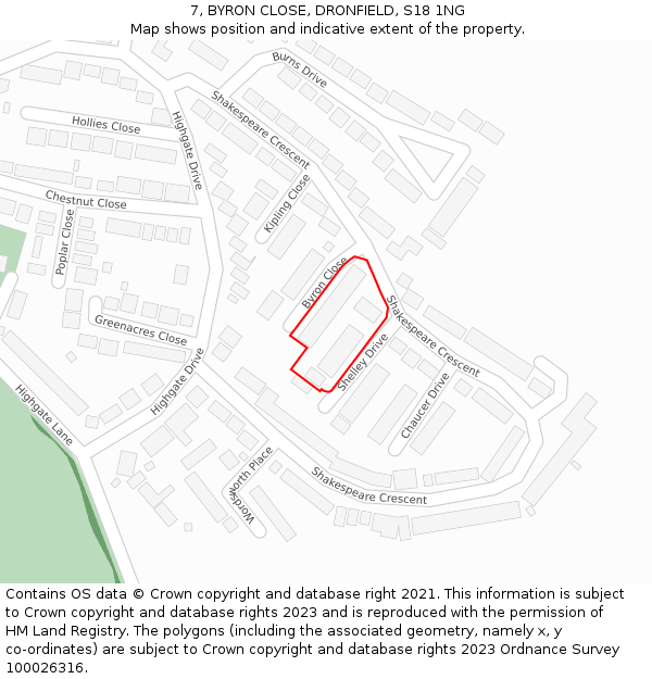 7, BYRON CLOSE, DRONFIELD, S18 1NG: Location map and indicative extent of plot