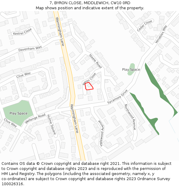 7, BYRON CLOSE, MIDDLEWICH, CW10 0RD: Location map and indicative extent of plot