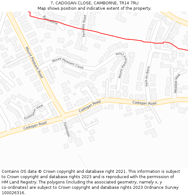 7, CADOGAN CLOSE, CAMBORNE, TR14 7RU: Location map and indicative extent of plot