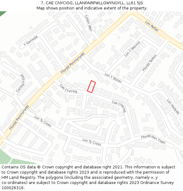 7, CAE CNYCIOG, LLANFAIRPWLLGWYNGYLL, LL61 5JS: Location map and indicative extent of plot