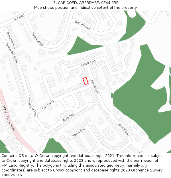 7, CAE COED, ABERDARE, CF44 0BF: Location map and indicative extent of plot