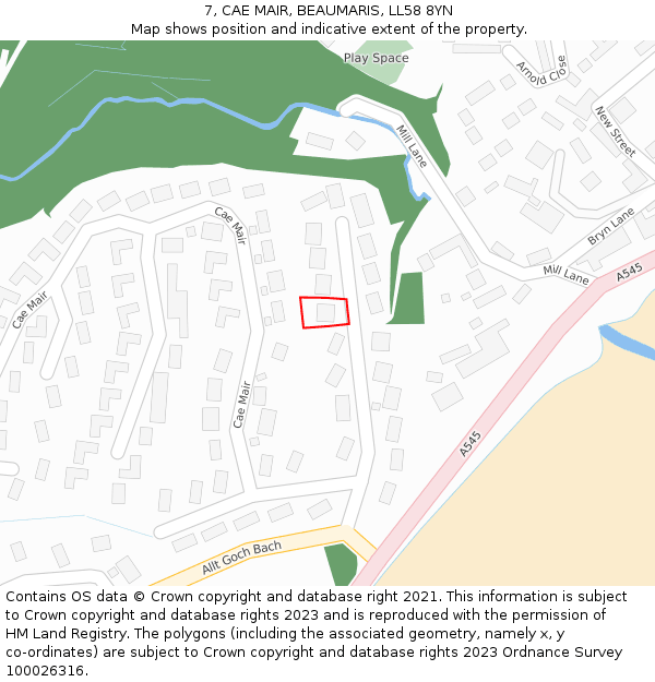 7, CAE MAIR, BEAUMARIS, LL58 8YN: Location map and indicative extent of plot